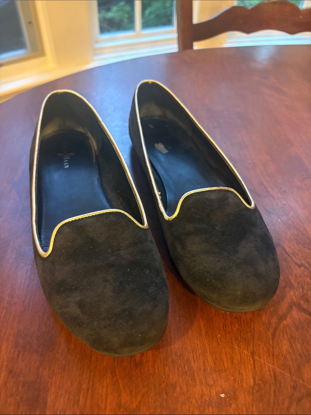 Cole Haan Black Suede Loafers with Gold Trim